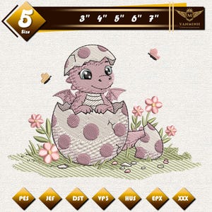 Cute Baby Dragon in Easter Egg Embroidery Design, Dinosaur Hatching Embroidery File, Spring Floral Dragon Machine File, Dino Pattern