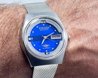 Vintage Citizen Automatic Blue Dial Watch Day Date Japan Made