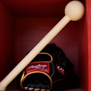 May include: A baseball bat and glove rest inside a red wooden cubby. The bat is off-white, and the glove is black with gold trim and a red Rawlings logo.