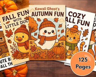 May include: A collection of fall-themed coloring books with cute cartoon characters, including a ghost, duck, and cat, surrounded by autumn leaves and pumpkins. The books have titles like "Fall Fun" and "Autumn Fun" and contain 125 pages.