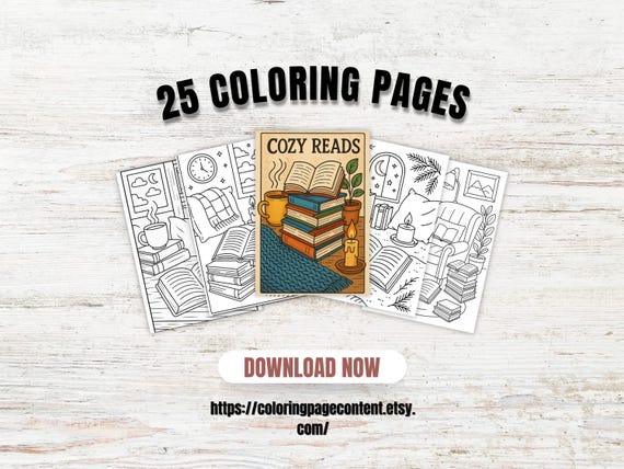 Cozy Book Theme Coloring Pages: Screen-Free Fun (PDF Download, 25 Pages)