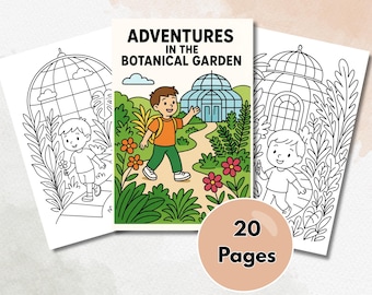 Könnte beinhalten: Ein Malbuch für Kinder mit dem Titel "Adventures in the Botanical Garden" mit einer Cover-Illustration eines Jungen, der einen Garten erkundet. Das Buch enthält 20 Seiten und ist von zwei Malvorlagen mit botanischen Gartenthemen umgeben.