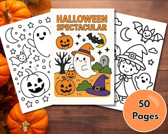May include: Three Halloween-themed coloring book pages with pumpkins, ghosts, bats, and a witch. The center page reads "Halloween Spectacular." A round orange sticker on the bottom right says "50 Pages."