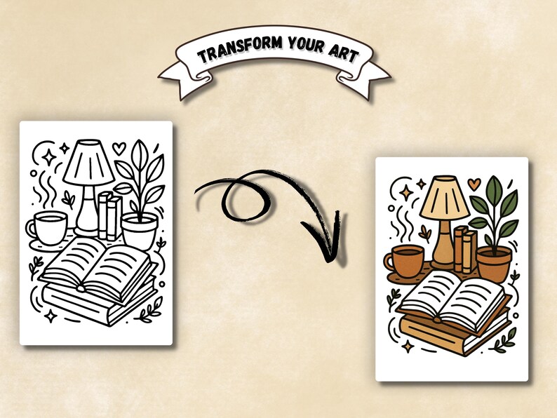 May include: Illustration showing a transformation of art. The image features a before-and-after comparison of a cozy scene with a lamp, books, a cup, and a plant. The text "TRANSFORM YOUR ART" is displayed above the images.