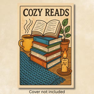 May include: Illustration of a stack of books with an open book on top, a mug of coffee, a potted plant, a lit candle, and a blue knitted blanket. The words "COZY READS" are at the top of the image.