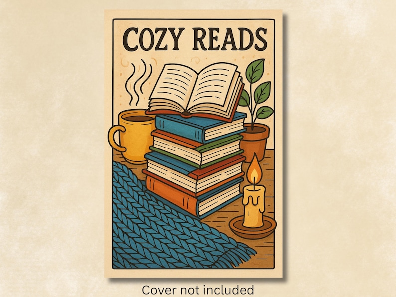 May include: Illustration of a stack of books with an open book on top, a mug of coffee, a potted plant, a lit candle, and a blue knitted blanket. The words "COZY READS" are at the top of the image.