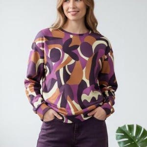 Women's Modern Sweater with Artistic Pattern- Abstract Print Sweatshirt- Autumn Colors Long Sleeve Jumper- Stylish Casual Wear.