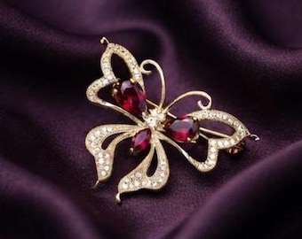 Elegant Red Ruby Women's Brooch, 14K Gold Plated Silver Romantic Jewelry Gift for Her