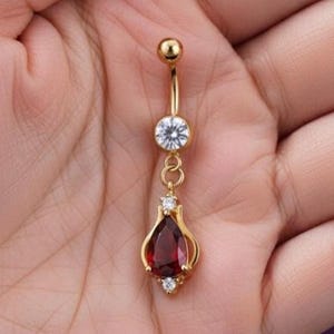 Minimalist Pear Ruby Women's Dangle Belly Button Ring, 14K Gold Plated Silver Piercing Gift
