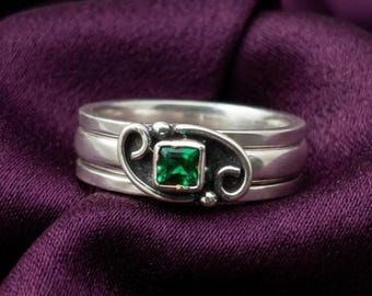 Bague émeraude carrée en argent plaqué or 14 carats - Jonc tendance en filigrane Art déco