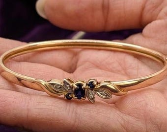 Bracelet jonc floral vintage saphirs bleus et diamants en argent plaqué or 14 carats