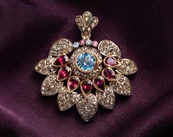 Vintage Floral Topaz Ruby Pendant 14K Gold Plated Silver Statement Necklace Gift For Women
