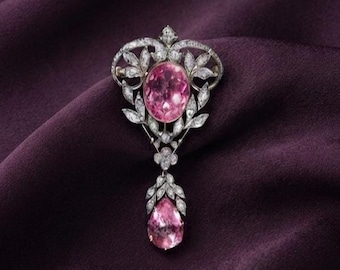 Vintage Pink Tourmaline Pendant 14K Gold Plated Silver Oval Teardrop Necklace Gift For Her