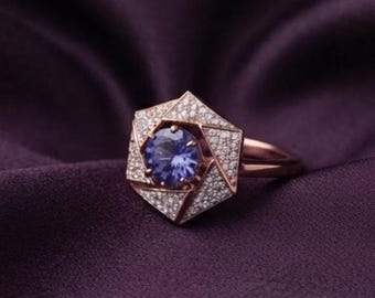 Round Tanzanite Statement Ring in 14K Gold Plated Silver, Elegant Bridal Gift for Her