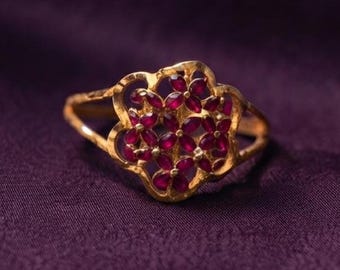Handmade Ruby Flower Cluster Ring In 14k Gold Plated Silver Laxury Wedding Gift