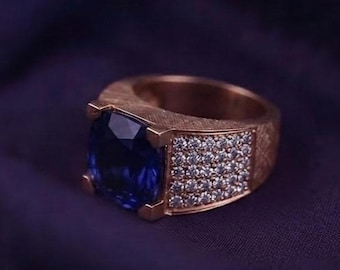 Oval Sapphire Ring 14K Gold Plated Silver Statement Jewelry Gift For Him