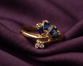 Baguette Sapphire Ring 14K Gold Plated Silver Minimalist Gemstone Statement Ring Birthday Gift