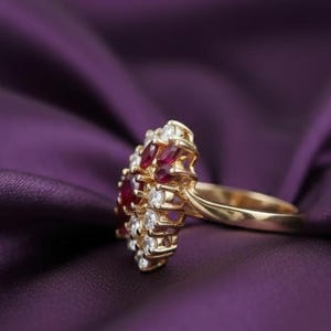 Marquise Cut Ruby Diamond Cluster 14K Gold Plated Silver Cocktail Ring Gift For Her