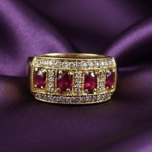 Men's Ruby and Diamond Eternity Band 14K Gold Plated Silver Five-Stone Ring Anniversary Gift