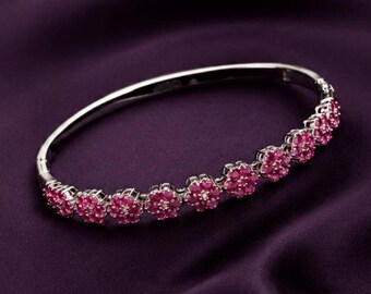 Pink Ruby Floral Bangle in 14K Gold Plated Silver, Elegant Anniversarey Bracelet Gift for Her