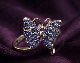 Elegant Butterfly Sapphire Ring 14K Gold Plated Silver Birthday Gift For Her