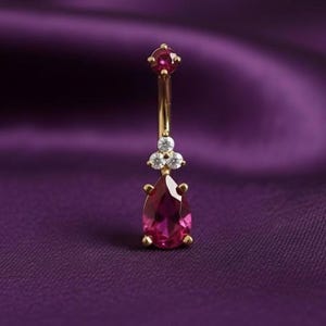 Handmade Pear Garnet Women's Belly Ring, 14K Yellow Gold Plated Silver Navel Piercing