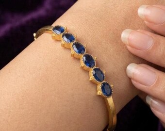 Élégant bracelet jonc pour femme en argent plaqué or 14 carats avec pierres précieuses bleu foncé