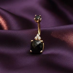 Dainty 0.5Ct Cushion Black Onyx Belly Button Ring 14K Gold Finished Silver Anniversary Gift