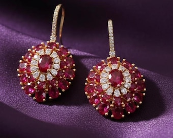 Dainty Ruby Oval Earrings in 14K Gold Plated Silver, Vintage Halo Statement Gift Jewelry