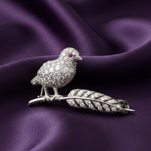 Vintage Bird Brooch, Ruby Eye, 14K Gold Plated Sterling Silver