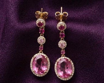 Elegantes pendientes colgantes de zafiro rosa y rubí en plata bañada en oro de 14k – Joyería romántica colgante