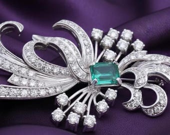 Broche émeraude Mid-Century - Accent de diamants, argent sterling plaqué or 14 carats