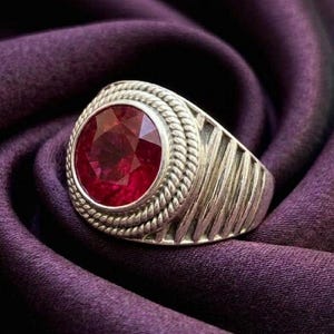 Unisex Vintage Round Pink Ruby Ring, 14k Gold Plated Silver Statement Jewelry Gift