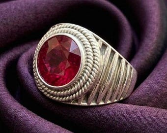 Bague rubis rose ronde vintage unisexe, cadeau bijoux tendance en argent plaqué or 14 carats