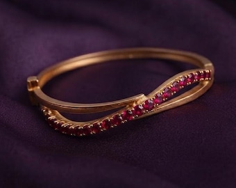 Elegant Red Ruby Bangle Bracelet, 14K Gold Plated Silver Wave Design Modern Jewelry Gift