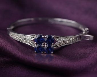 Blue Sapphire Bangle in 14K Gold Plated Silver with Vintage Detailing, Elegant Wedding Gift
