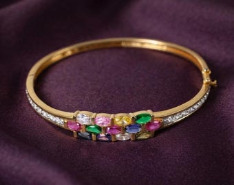Rainbow Multicolor Gemstone Bangle in 14K Gold Plated Silver, Elegant Gift  For Her