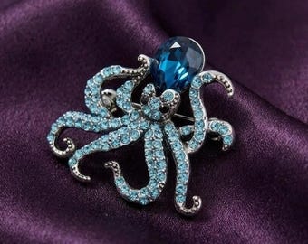Broche pieuvre saphir bleu en argent plaqué or 14 carats - Bijoux marins animaux marins
