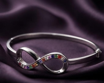 Rainbow Infinity Multostone Bangle Bracelet with 14K Gold Plated Silver, Elegant Gift for Her