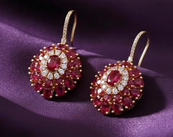 Pendientes ovalados de rubí delicados en plata bañada en oro de 14 quilates, joyería vintage con halo para regalo.
