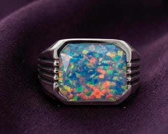 vintage Bague pour homme avec opale noire de feu taille émeraude en argent plaqué or 14 carats