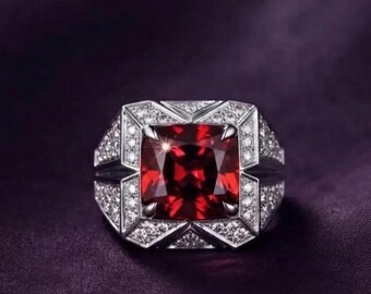 Red Garnet Cushion Cut Statement Ring in 14K Gold Plated Silver, Elegant Gift for Him