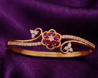 Bracelet jonc vintage fleur rubis rose en argent plaqué or 14 carats, cadeau de mariage