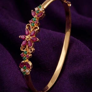 Floral Ruby and Emerald Hinged Bangle Bracelet in 14k Gold Plated Silver Anniversary Gift