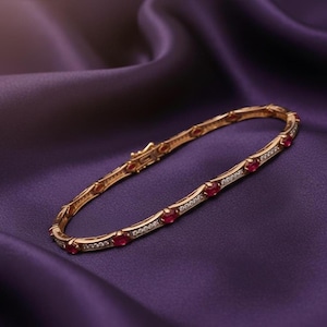 Elegant Art Deco Oval Ruby Diamond Bracelet, 14K Gold Plated Silver Anniversary Gift