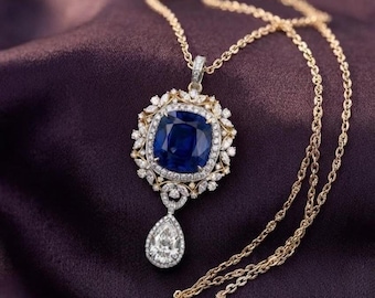 Blue Sapphire Cushion Cut Pendant Necklace in 14K Gold Plated Silver, Elegant Bridal Jewelry Gift for Her