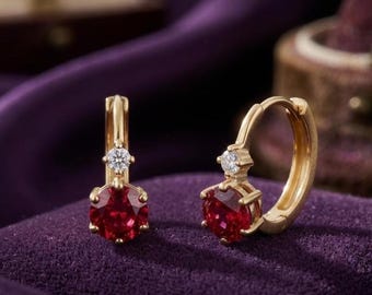 Pendientes de aro redondos de rubí con baño de oro de 14 quilates y plata, joyería minimalista y delicada, ideal para regalar.