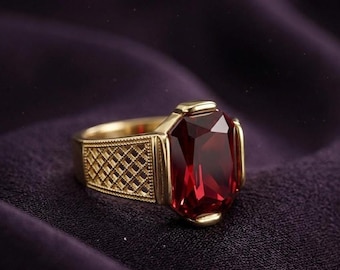 Emerald Cut Red Ruby Men's Ring in 14k Gold Plated Silver, Vintage Signet Gift