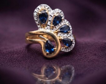 Pear Sapphire Ring 14K Gold Plated Silver Statement Cocktail Anniversary Ring