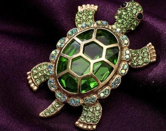 Broche tortue vert émeraude - argent plaqué or 14 carats - bijoux animaux vintage
